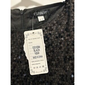 Black Sequined Midi Shift Dress Flare Skirt Round Neck Women's 16 Cap Sleeve